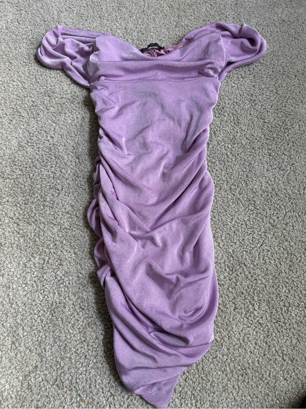 Off-Shoulder Ruched Midi Dress in Lilac